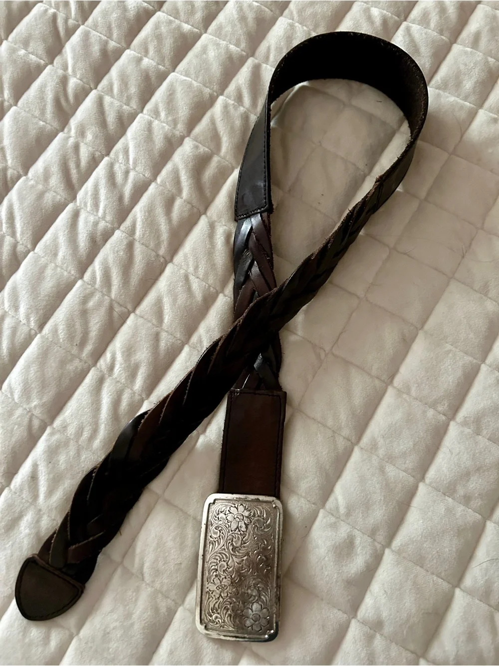 90s Y2K Braided Woven Brown Leather Chunky Belt w/ Silver Floral Engraved Buckle